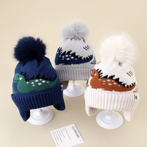 Winter Kids Knitted Beanie Hat Dinosaur Pattern Fleece Lined Ear Protection Warm Toddler Boys Acrylic Pompom