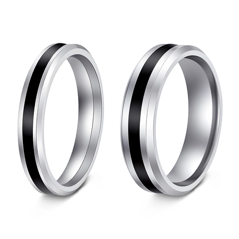Stainless Steel Couple Ring Silver Color With Black Enamel Stripe Geometric Simple Fashion Jewelry For Men Women