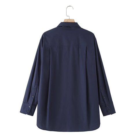 Navy Blue Long Sleeve Cotton Poplin Shirt With Matching Tie Solid Color Button Up Elegant Blouse For Women