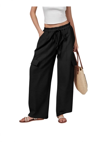 Women Cotton Linen Wide Leg Cargo Pants High Waist Drawstring Loose Fit Casual Trousers With Large Pockets