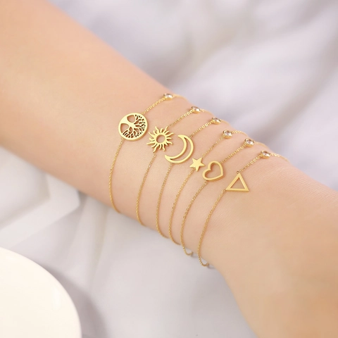 Bracciale Donna Minimalista Acciaio Inossidabile Placcato Oro AAA Zirconia Sole Luna Stella Albero Della Vita Ciondoli Gioielli Regolabili
