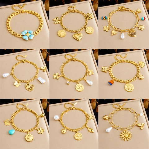 Fashion Charm Bracelet Stainless Steel Multi Pendant Heart Flower Butterfly Shell Artificial Pearl Gold Plated Vintage Jewelry Women