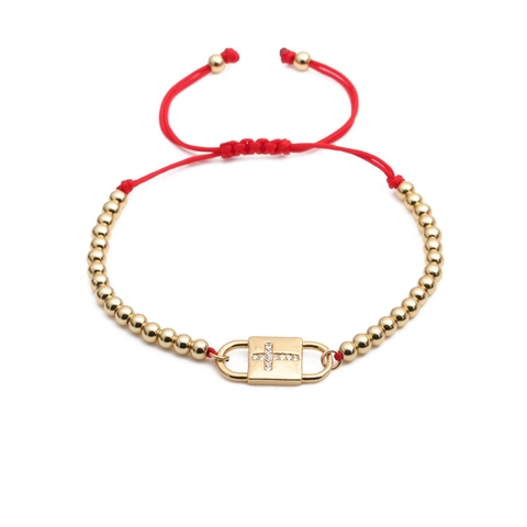 Bracciale Con Ciondolo A Lucchetto Con Croce Perle Di Rame Corda Intrecciata Rossa Gioielli Religiosi Regolabili Con Zircone