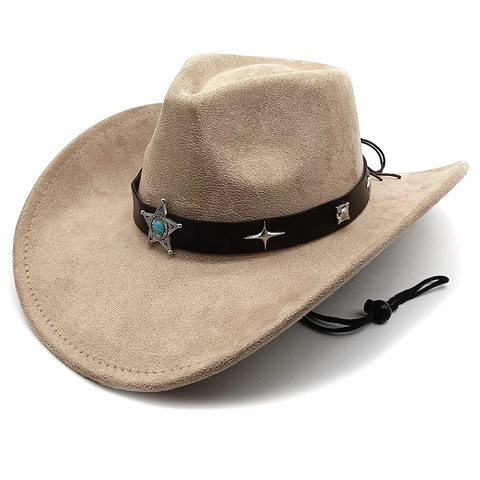 Western Cowboy Hat Vintage Faux Suede Wide Brim With Metal Star Concho Leather Band And Adjustable Windproof Chin Strap