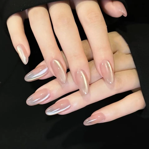 Press On Nägel Lange Mandelform Katzenaugen Effekt Gelee Rosa Schimmer Elegante Künstliche Nägel Für Frauen Süß