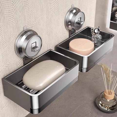 Soap Dish Holder Wall Mounted Suction Cup Space Aluminum Drill Free Drainage Case With Hooks For Bathroom Kitchen