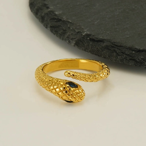 Snake Ring Stainless Steel 18K Gold Plated Zircon Eyes Adjustable Open Wrap Around Vintage Minimalist Jewelry Women