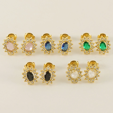 Orecchini A Lobo Halo Girasole Acciaio Inossidabile Placcato Oro 18K Zircone Ovale Gioielli Di Lusso Per Donne