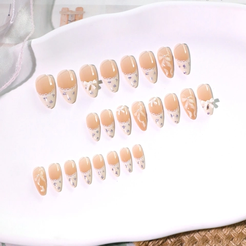 Press On Nails French Almond Shape With 3D Bow Artificial Pearl Decoration Sweet Lace Style False Nails For Women