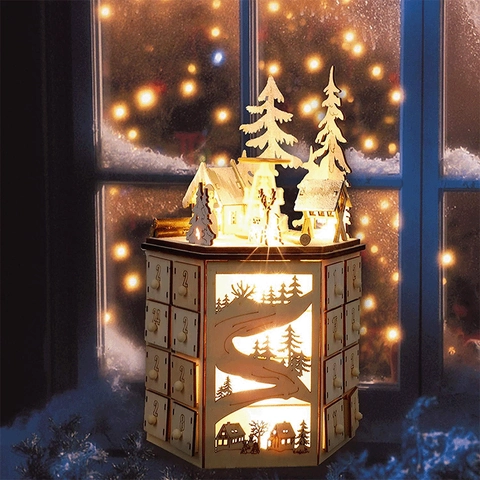 Wooden Christmas Advent Calendar Countdown Drawers LED Light Festive Village Scene Home Decor Holiday Gift Ornament