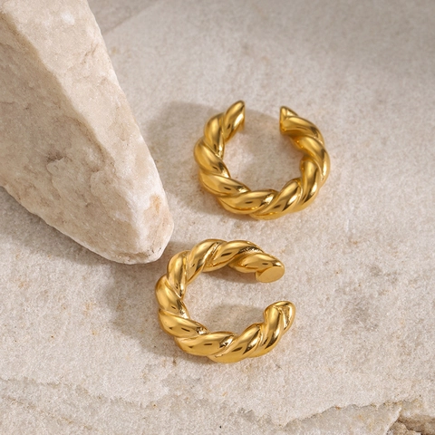 Boucles D'oreilles Ear Cuff Corde Torsadée Plaqué Or 18K Acier Inoxydable Géométrique Rond Minimaliste Sans Perçage Pour Femmes