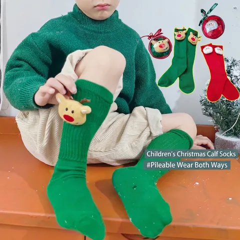 Chaussettes De Noël Pour Enfants En Coton Tricoté Avec Peluche 3D Père Noël Renne Cadeau De Fête Hiver Chaudes