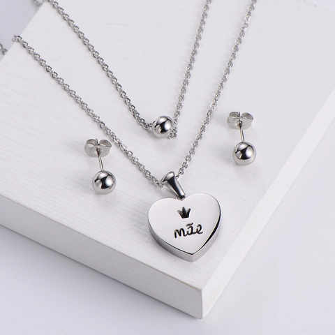 Collana Con Ciondolo A Cuore E Orecchini A Lobo A Sfera Acciaio Inossidabile 316L Mae Corona Regalo Mamma