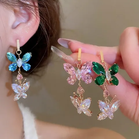Doppelter Schmetterling Ohrhänger Mit 925 Sterling Silber Ohrstecker Bunte Zirkonia Für Frauen Luxus Schmuck