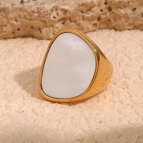 Chunky Wide Band Ring Stainless Steel 18K Gold Plated Irregular Mother Of Artificial Pearl Shell Organic Geometric Jewelry For Women