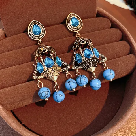 Orecchini Pendenti Lampadario Bohemien Vintage Donna Stile Corte Retro Lega Strass Blu Con Perno In Argento