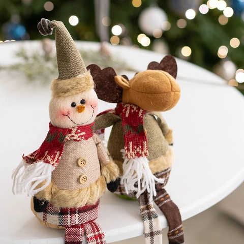 Kerst Pluche Poppen Kerstman Sneeuwpop Rendier Lange Benen Zittende Beeldjes Gebreide Stof Geruite Hoed Tafeldecoratie Cadeau