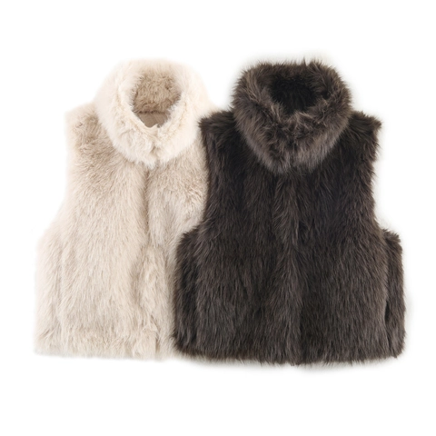 Women Faux Fur Vest Stand Collar Sleeveless Zipper Solid Color Retro Casual Warm Plush Waistcoat Outerwear