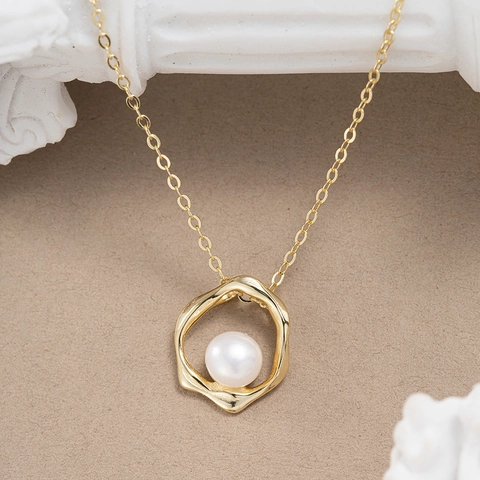 Collana Con Pendente Möbius Argento Sterling 925 Placcato Oro Perla de Agua Dulce D'acqua Dolce Catena Di Clavicola Geometrica Irregolare Per Donna