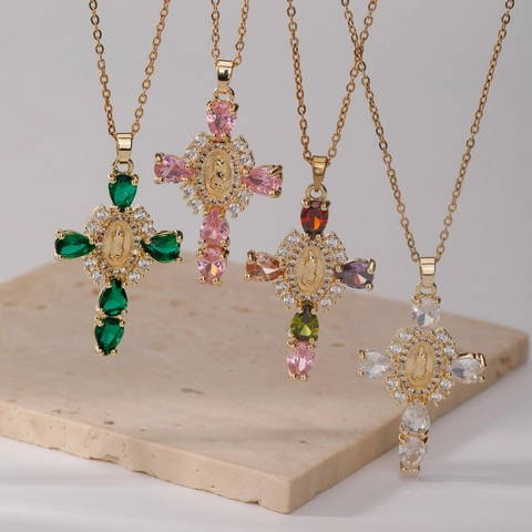 Collana Pendente Croce Rame Placcato Oro Vergine Maria Zircone Gioielli Religiosi Stile Vintage Street Per Donna