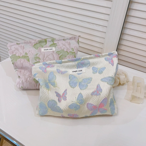 Vlinder Bloem Jacquard Canvas Make-up Tas Cosmetische Etui Hand Clutch Organizer Rits Frisse Stijl Voor Dames