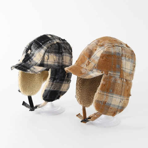 Kids Vintage Plaid Trapper Hat Winter Warm Faux Sherpa Lining Earflap Aviator Hat Distressed Grid Leifeng Cap For Boys Girls