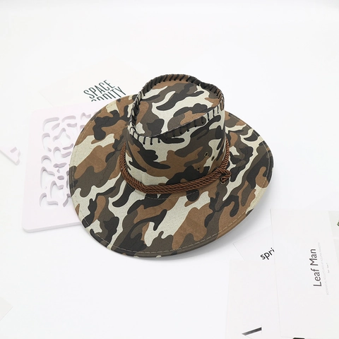 Camouflage Western Cowboy Hat Wide Brim Polyester Outdoor Sun Protection Jazz Hat With Adjustable Drawstring