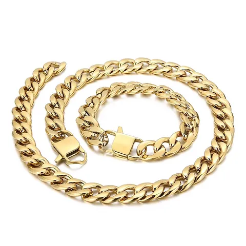 Cuban Link Chain Necklace Bracelet Titanium Steel Gold Plated Heavy Chunky Hip Hop Style For Men