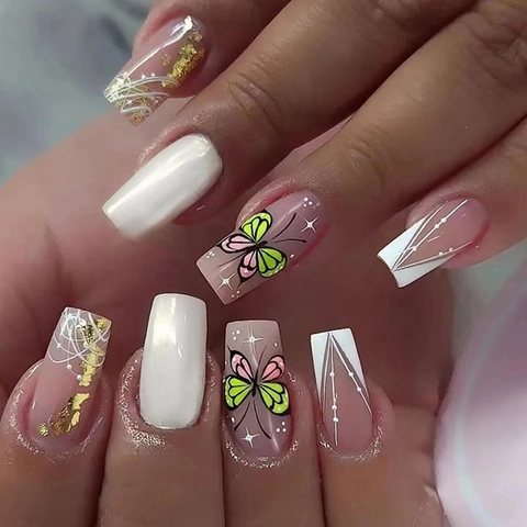 Unghie Finte Farfalla Aurora Foglia D'oro French Tip Forma Bara Dolce Elegante Per Donne