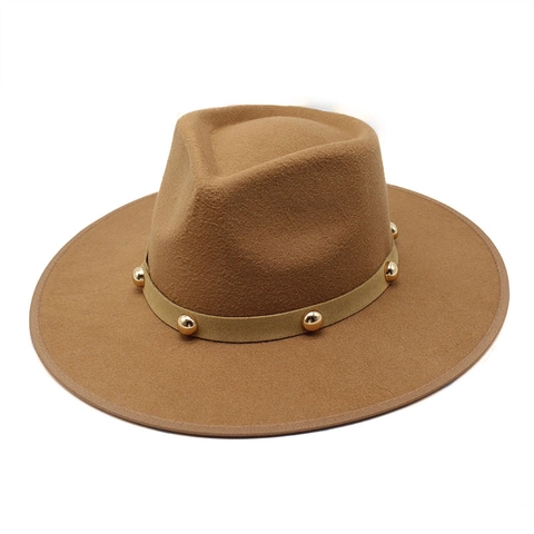 Vintage Wide Brim Fedora Hat Cotton Polyester Blend With Golden Metal Rivets Decorative Band Elegant Jazz Cap