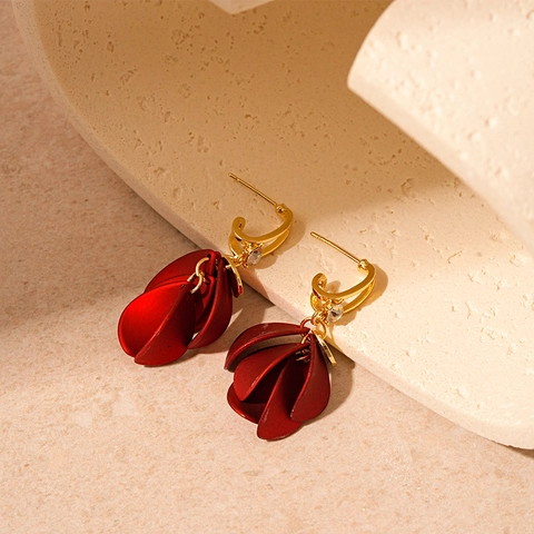 Red Petal Drop Earrings With Silver Earring Post Alloy Acrylic Rhinestone Frosted Flower Floral Jewelry For Women