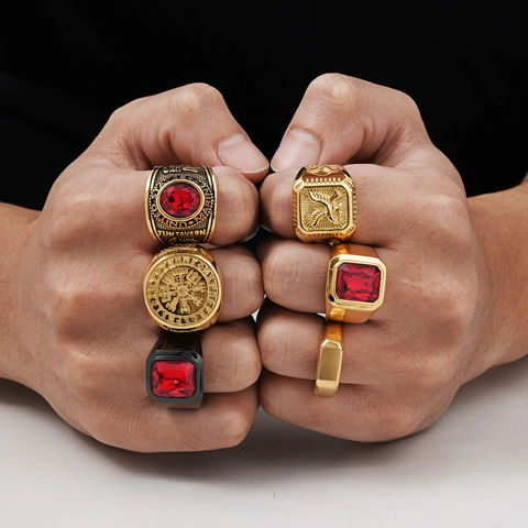 Men Stainless Steel Ring Eagle Viking Compass Red Zircon Signet Vintage Gold Plated Jewelry Punk Military Style