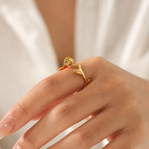 Verstelbare Open Ring Met Roosbloem Roestvrij Staal 18K Verguld Elegante Sieraden Voor Dames