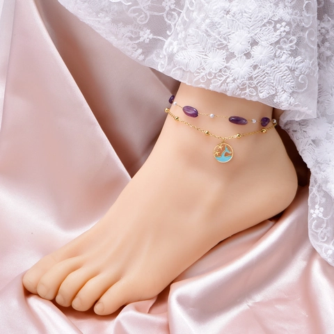 Marine Style Gold Titanium Steel Double Layer Anklet Purple Natural Stone Artificial Pearl Dolphin Whale Tail Jewelry