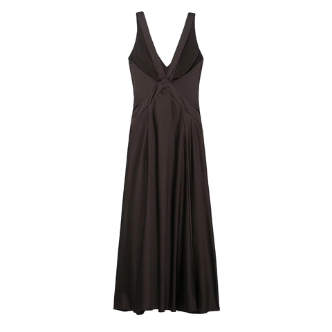 Sleeveless V Neck Maxi Dress Satin Texture Ruched Twist Waist Side Slit Elegant Evening Party For Women