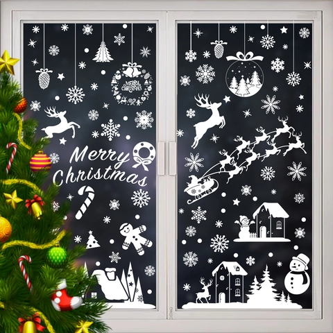 Christmas Window Stickers PVC Static Cling Reindeer Snowflake Santa Decals For Glass Festive Home Party Decor White