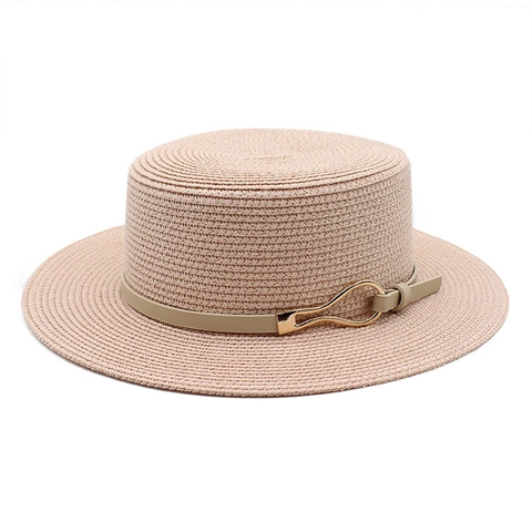 Boater Hat Vintage Straw Woven Flat Top Sun Protection Breathable Summer Beach Cap With Leather Strap Gold Buckle