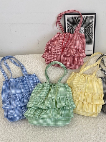 Gingham Checkered Ruffle Tote Bag Drawstring Shoulder Bag Large Capacity Korean Style Fabric Handbag For Women