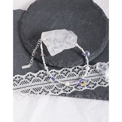 S925 Sterling Silver Bracelet For Women With Purple Artificial Crystal Water Drop And Pearl Inlaid Geometric Beaded Chain Jewelry Gift