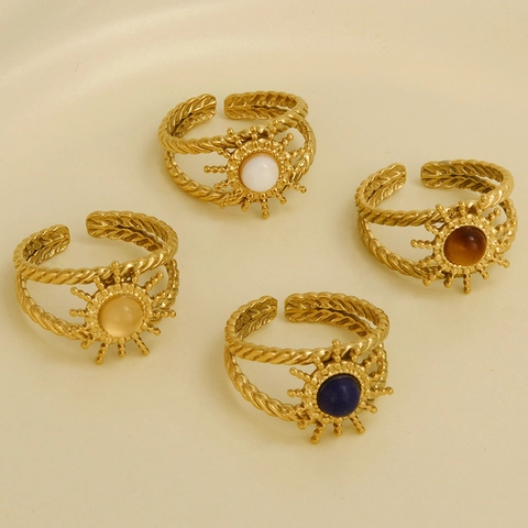 Adjustable Rings 304 Stainless Steel 18K Gold Plated Natural Stone Sunflower Sunburst Twisted Design Bohemian Retro