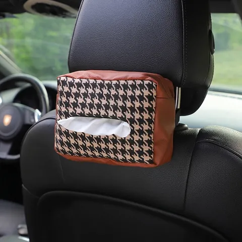 Houndstooth Tissue Box Houder Gebreide Stof PU Leer Hangende Auto Hoofdsteun Hoes Huis Kantoor Minimalistisch Decor
