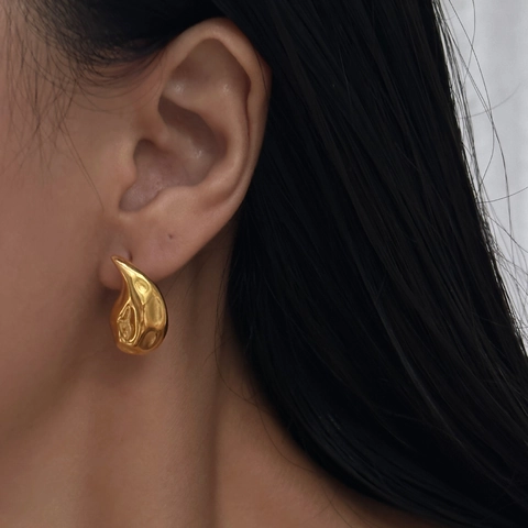 Tear Drop Stud Earrings 18K Gold Plated Stainless Steel Hammered Texture Organic Liquid Metal Jewelry For Women