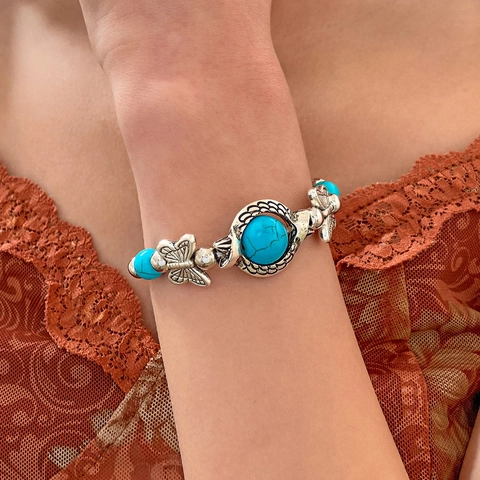 Vintage Bohemian Turquoise Bracelet Alloy Beaded Bangle With Animal Charms Butterfly Turtle Evil Eye For Women
