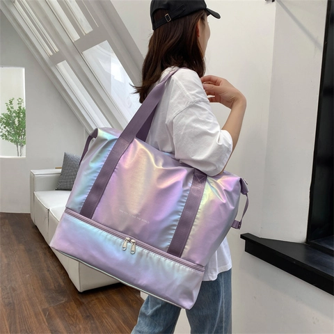 Holographic Iridescent Travel Duffle Bag Waterproof Large Capacity Dry Wet Separation Independent Shoe Compartment Women