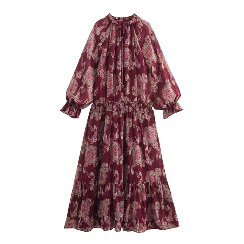Women Long Sleeve Maxi Dress Vintage Paisley Print Wine Red Metallic Thread Bohemian Tiered Skirt High Waist Tie Neck