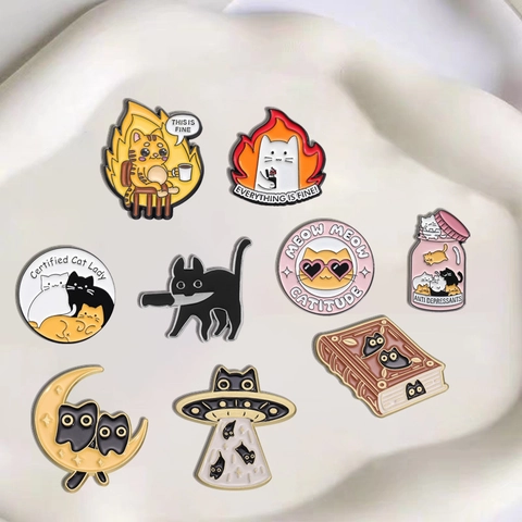 Cartoon Cat Enamel Pins Funny Meme Animals Zinc Alloy Brooches For Clothes Bags Backpacks Lapel Badges Decor Gifts