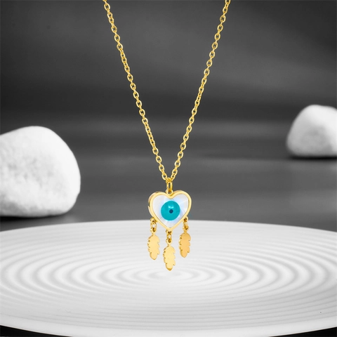 Gold Evil Eye Heart Pendant Necklace Stainless Steel Feather Tassel Charm Jewelry For Women