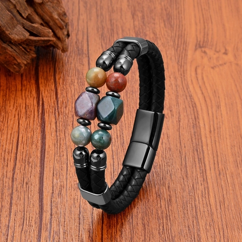 Men Double Layer Braided Leather Bracelet With Natural Tiger Eye Stone Beads And Stainless Steel Magnetic Clasp Punk Style