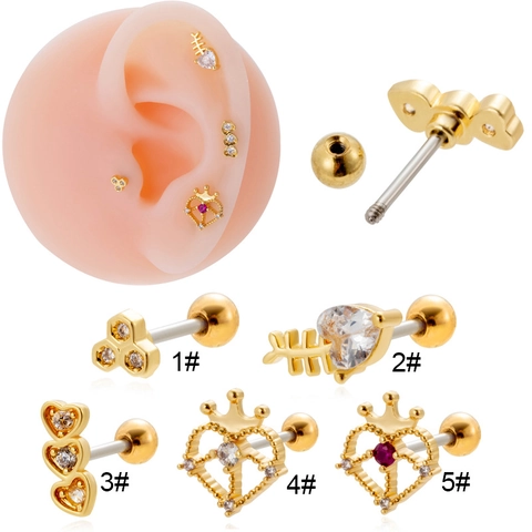Cartilage Earring Stainless Steel Zircon Heart Crown Fishbone Helix Piercing Ear Bone Nail Minimalist Jewelry