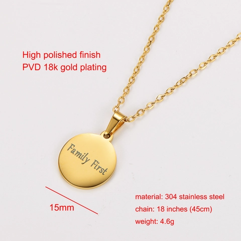 Collar Con Colgante Redondo Family First Acero Inoxidable 304 Chapado En Oro 18K Pulido Brillante Joyería Minimalista